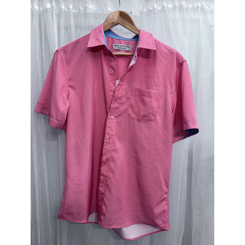 Nick Graham Everywhere Mens Medium Pink Blue Geometric Short Sleeve Button Shirt